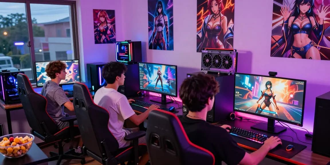 Engaging gamers enjoying hentai games online in a vibrant gaming room setting with colorful lighting and diverse characters.