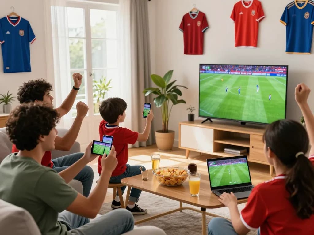 Xoilac streaming fans enjoying football in HD quality with devices and snacks.