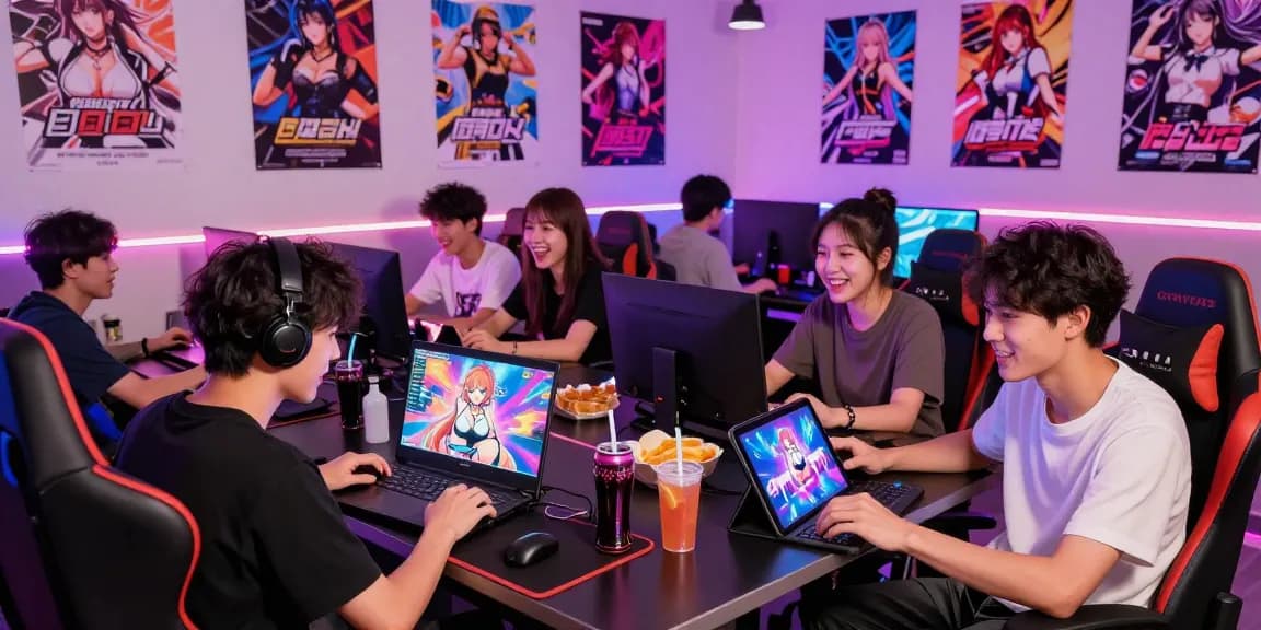 Diverse gamers enjoying engaging hentaigames in a vibrant gaming lounge.