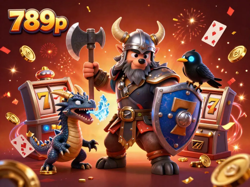 Engage in thrilling gameplay action with 789p's vibrant casino scene, featuring Viking, dragon, and slot elements.