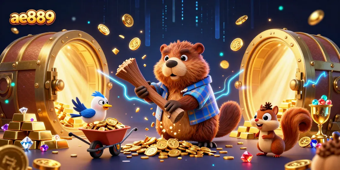 Spin and win at ae889 with exciting gaming elements featuring a lively scene of cartoon characters and gold.