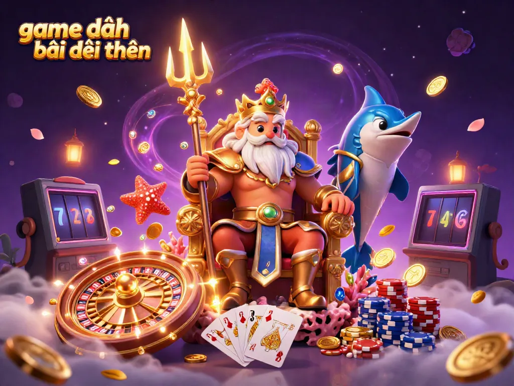 Experience thrilling game đánh bài đổi thưởng with Neptune, poker chips, and cascading coins.