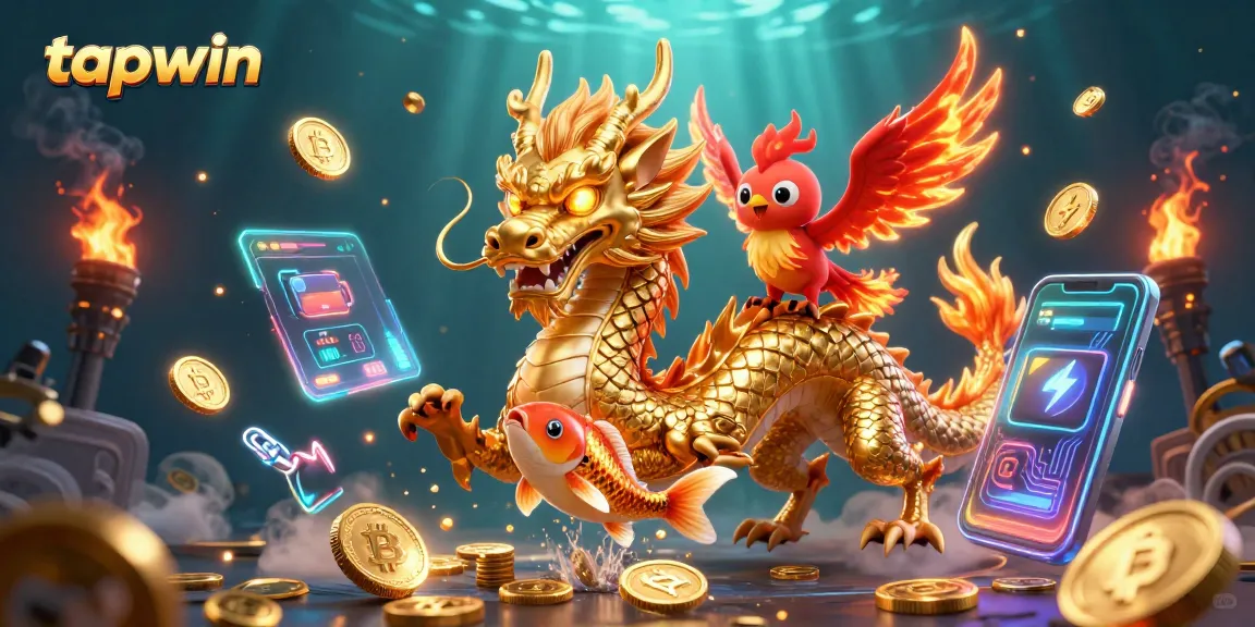 Experience the action at tapwin with vibrant 3D characters and casino-themed elements in a dynamic illustration.