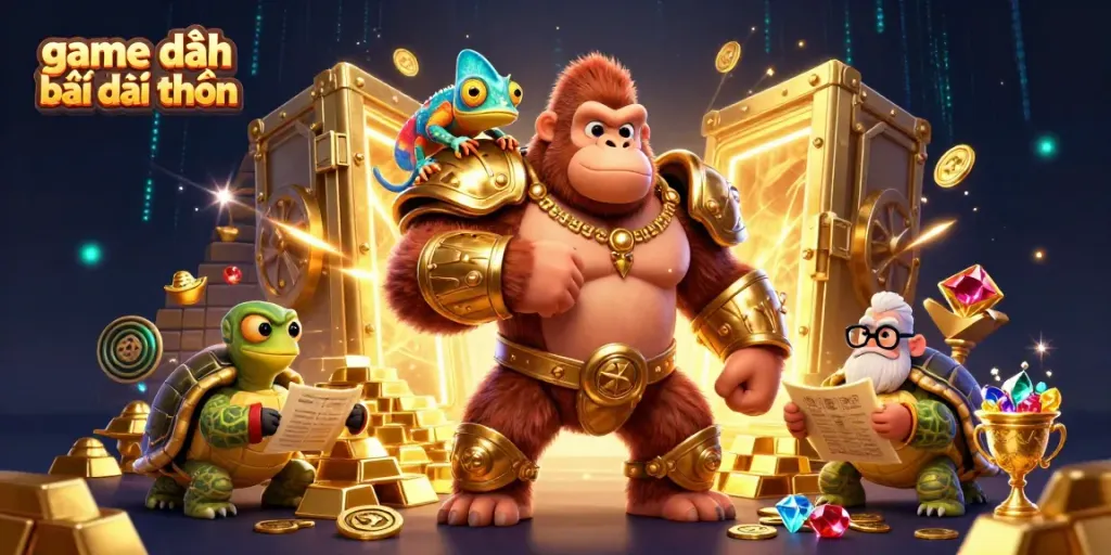 Experience the excitement of game đánh bài đổi thưởng with vibrant characters and treasure in this dynamic scene.