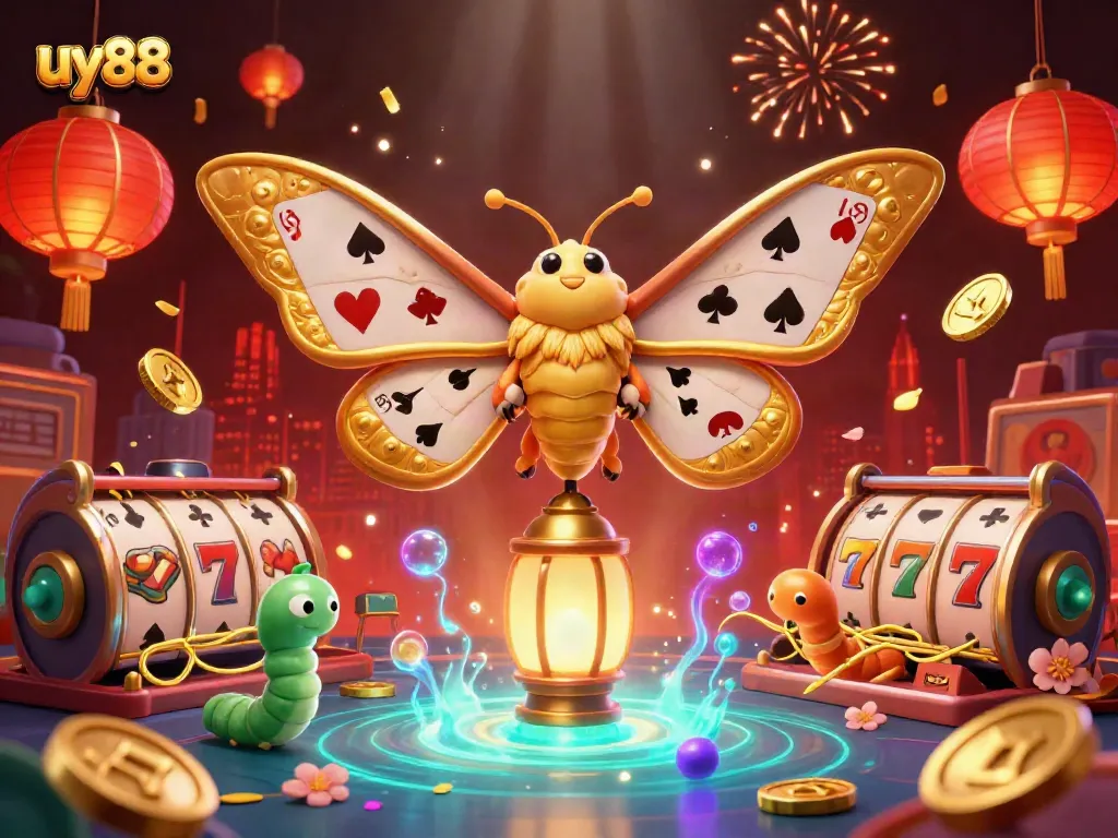 Experience the thrill of uy88 with a captivating 3D illustration showcasing dynamic slot reels, golden lanterns, and festive casino elements.