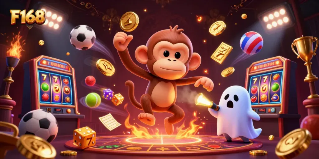 Experience the thrill of F168 with a lively poltergeist and puppy amidst vibrant casino elements.