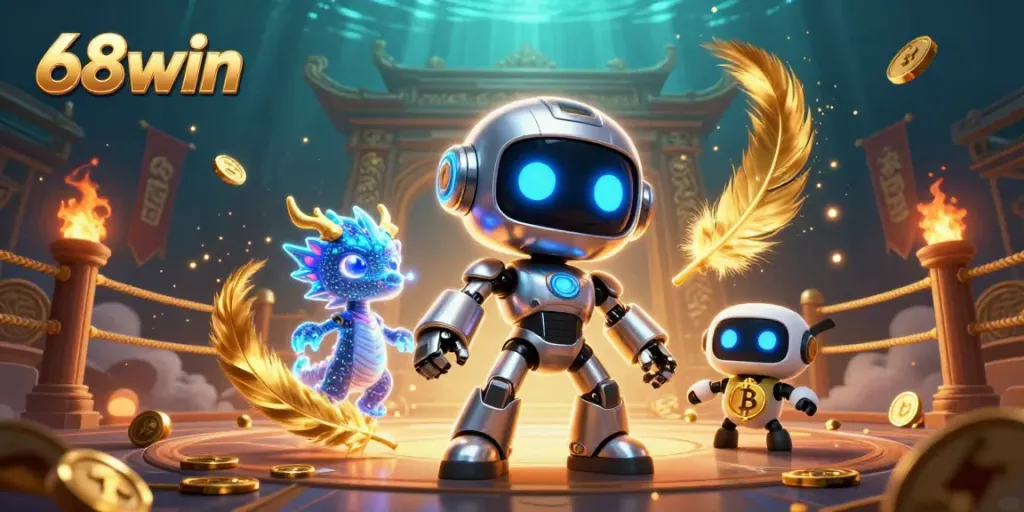 Engage with the vibrant 68win universe through a dynamic 3D illustration capturing the excitement of online gaming.