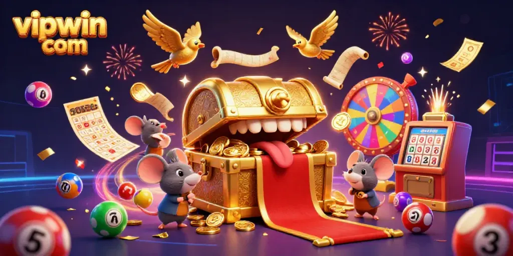 Catch enticing rewards at vipwin com with dynamic lottery elements swirling around captivating adventurer mice.
