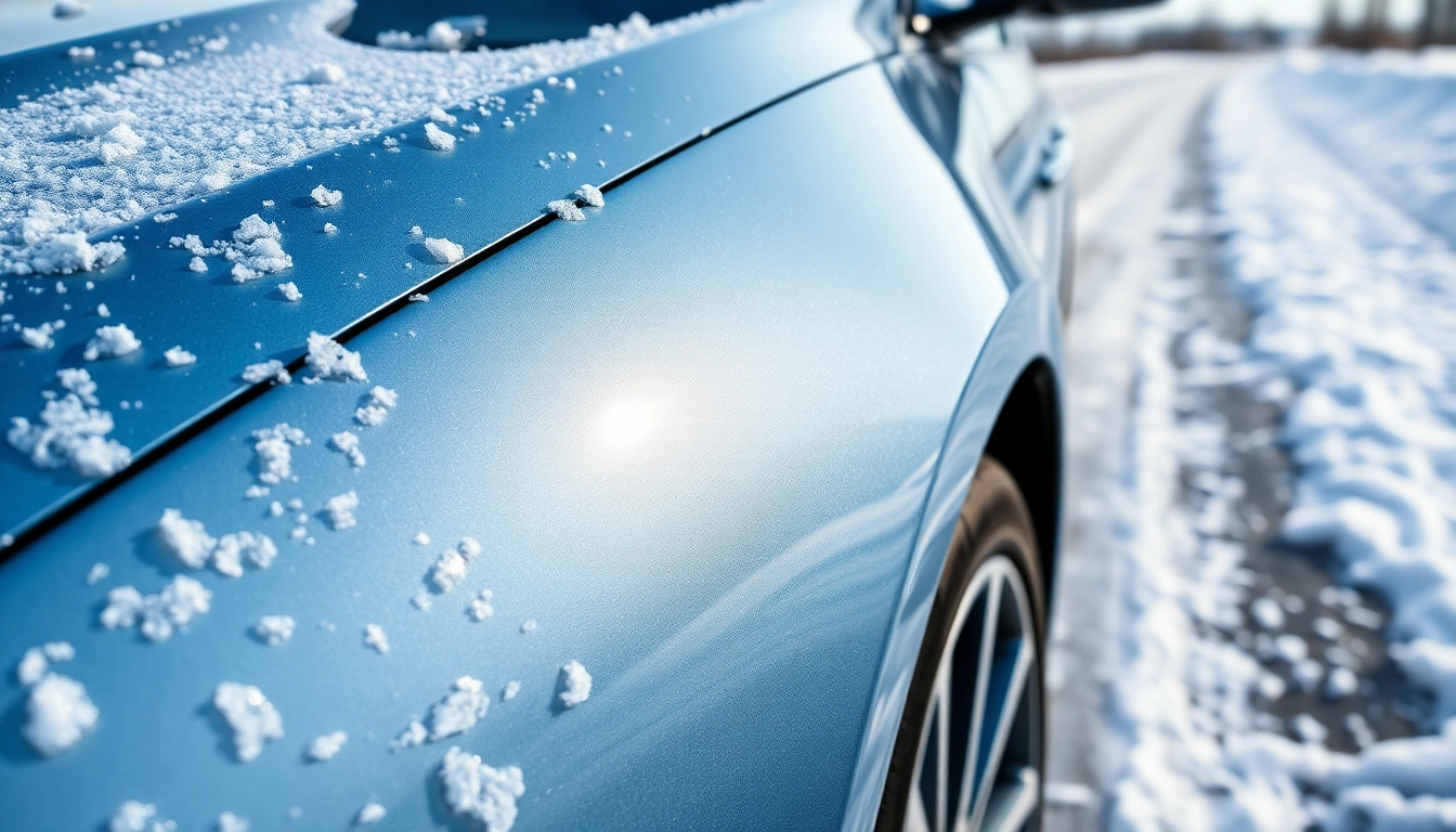 Highlighting PPF winter road salt protection on a car amidst winter conditions.