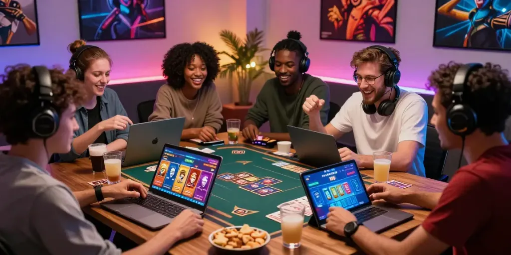 Friends enjoying an exciting game of 3 Patti no1 together in a cozy gaming room.
