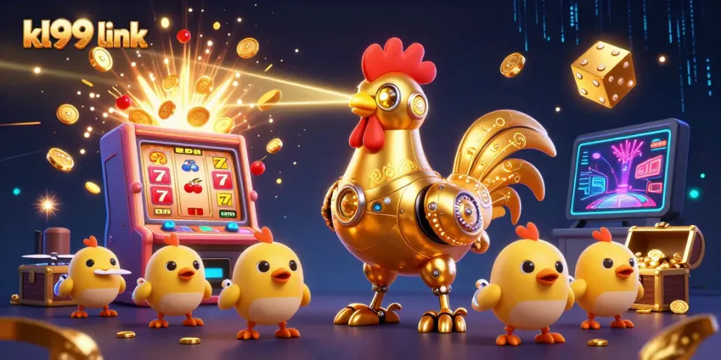 Experience exciting gameplay at kl99 link with a golden rooster robot and baby chick drones amidst a jackpot explosion.