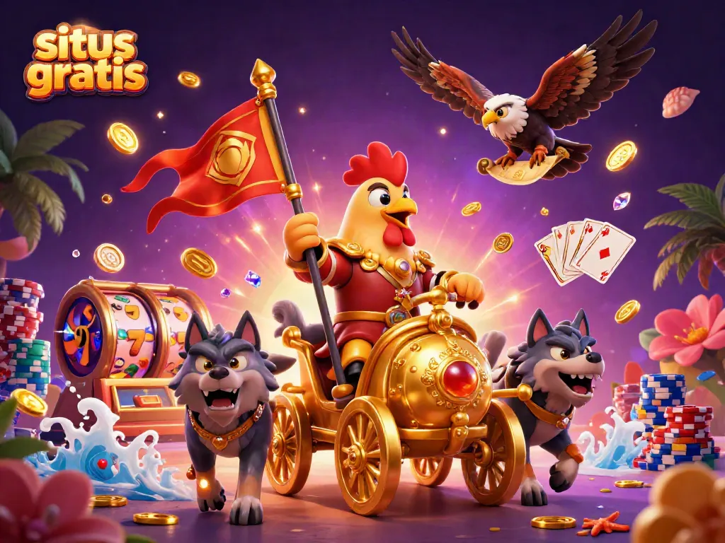 Experience the thrill of situs slot gratis with a vibrant 3D cartoon scene featuring a rooster warlord and golden chariot.