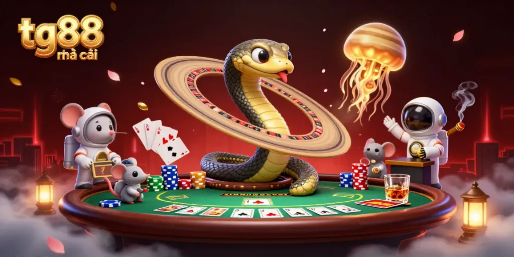 Experience tg88 nhà cái with a vibrant 3D casino scene featuring betting astronauts on a cosmic roulette wheel.