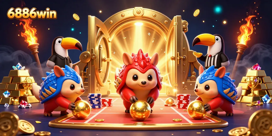 Experience thrilling action in 6886win as rival pangolins roll golden balls and score amid poker chips.