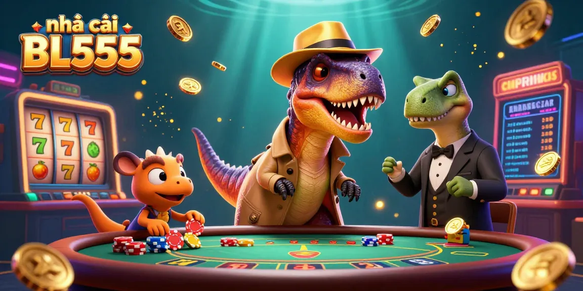 Engage with the dynamic action at nhà cái BL555 casino featuring a sneaky velociraptor card counter amidst colorful slot reels.