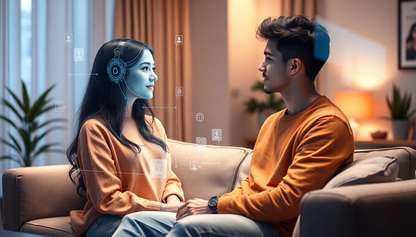 Engaging scene showcasing a futuristic girlfriend ai hologram interacting with a user in a cozy modern setting.