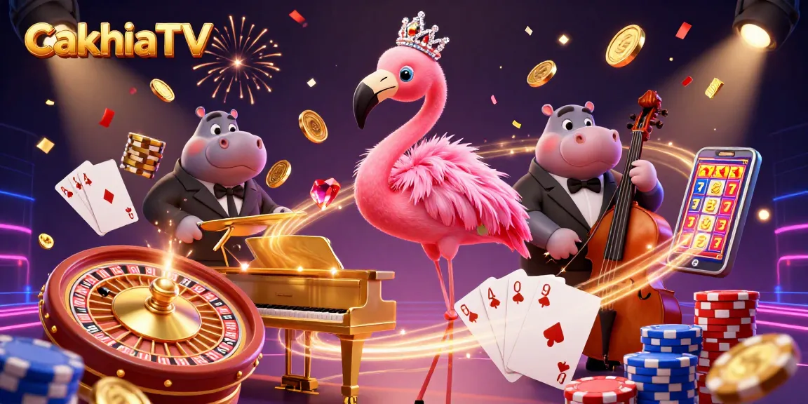 CakhiaTV captivates gamblers with a lively 3D casino scene showcasing animated characters, vibrant gaming elements, and sparkling coins.