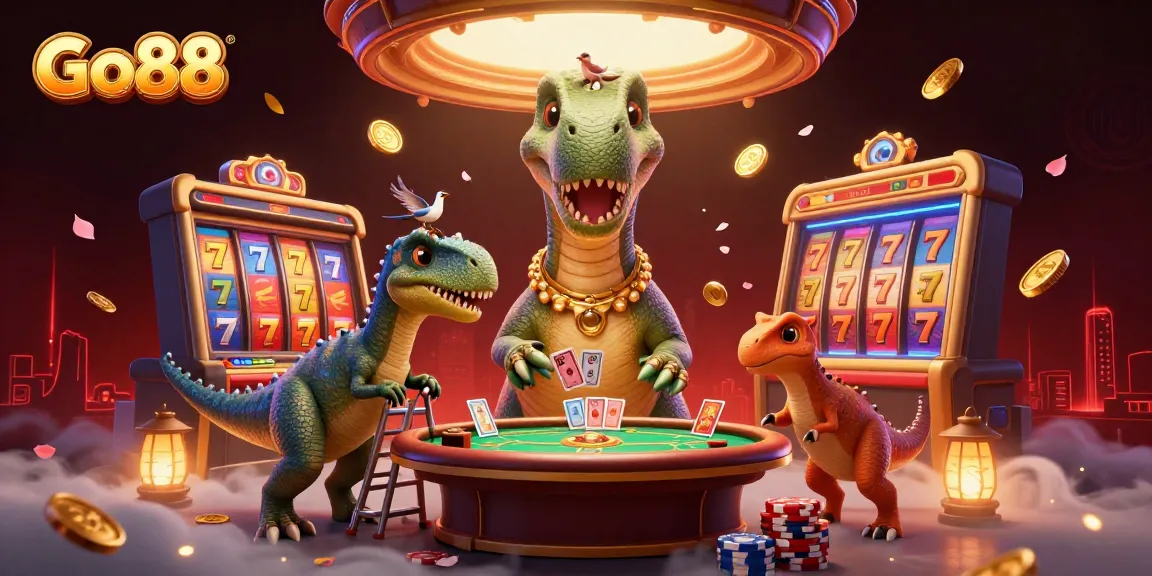 Experience the thrills of Go88 with the brontosaurus overseeing a vibrant casino scene.