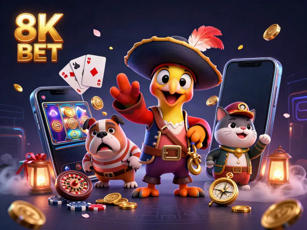 Khám phá các trò chơi hấp dẫn tại 8K BET với hình ảnh những nhân vật độc đáo trong không gian casino thú vị.