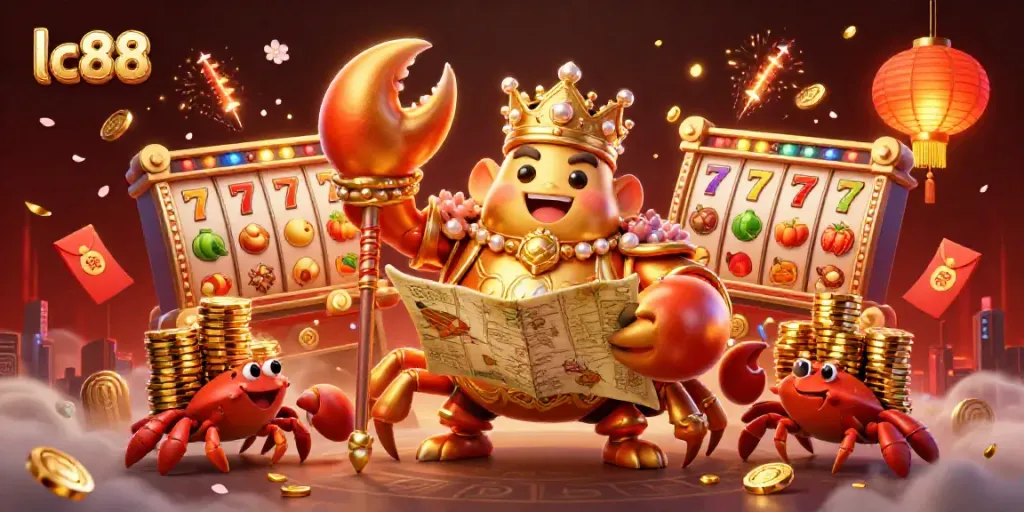 Engage in epic gaming with lc88's golden crab emperor amidst slot reels and festive elements.
