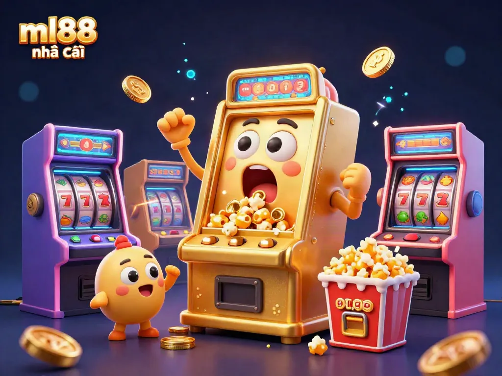 Witness the excitement as ml88 nhà cái jackpot hits, with cheering slot machines and a popcorn machine!