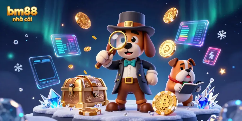 Experience thrilling games at bm88 nhà cái with vibrant 3D illustrations of characters and crypto elements.