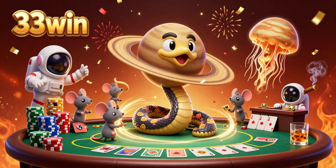 33win displays a vibrant casino scene with an animated Saturn ring snake and astronaut mice betting.