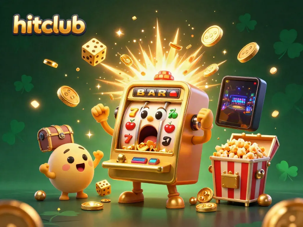 Hitclub introduces a lively 3D cartoon scene with a golden slot machine celebrating a jackpot, highlighting the vibrant gambling atmosphere.