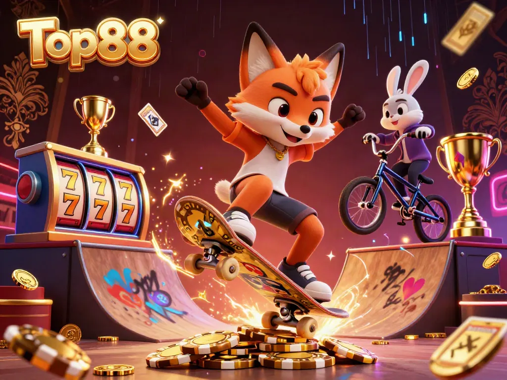 Engage in exciting games with Top88, featuring 3D cartoon characters and vibrant casino elements.