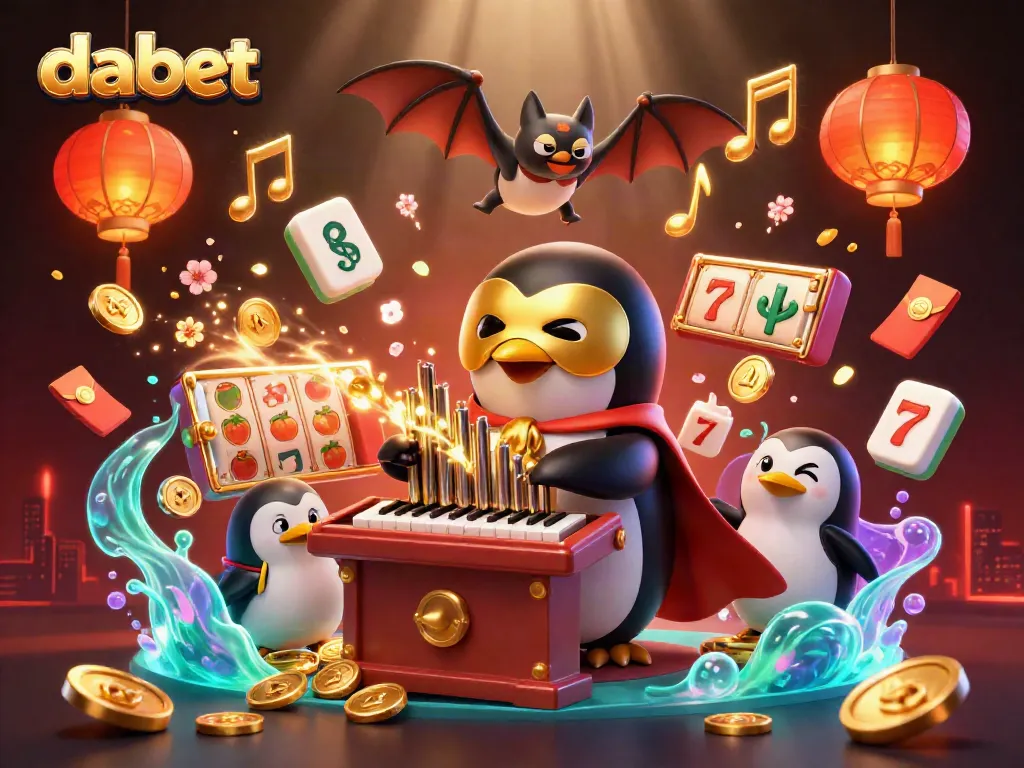 Dabet showcases a 3D penguin in a mask playing slots, surrounded by golden coins and festive decor.