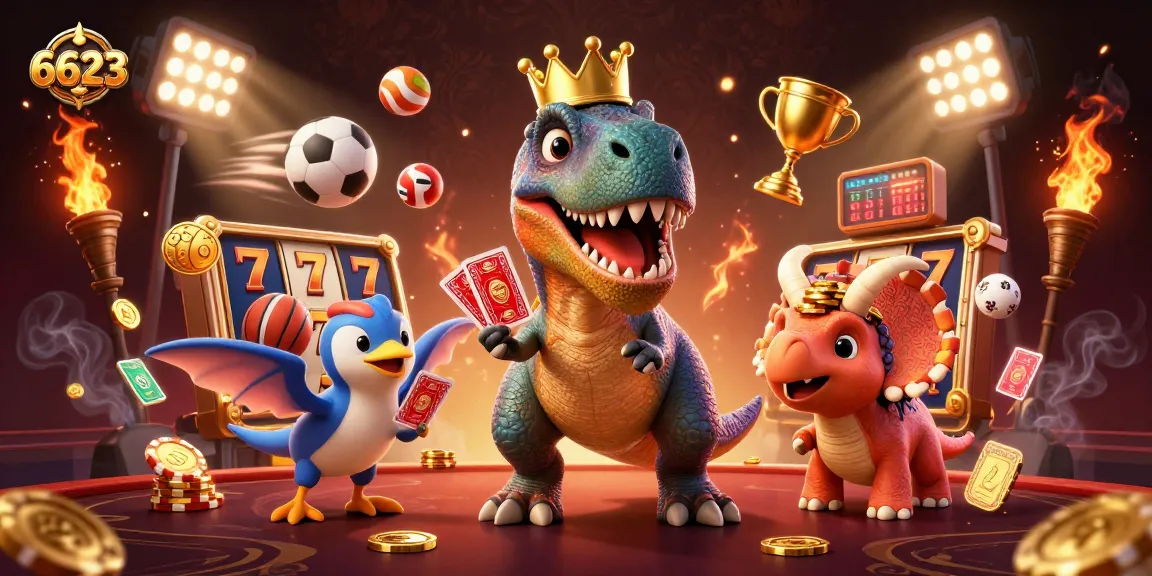 Engage in exciting gameplay at 6623 with friendly dinosaurs in a dynamic casino scene showcasing thrilling slot elements.