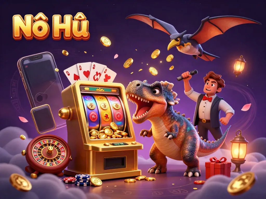 Experience Nổ Hũ excitement as a dinosaur heads for jackpot coins in a vibrant casino scene.