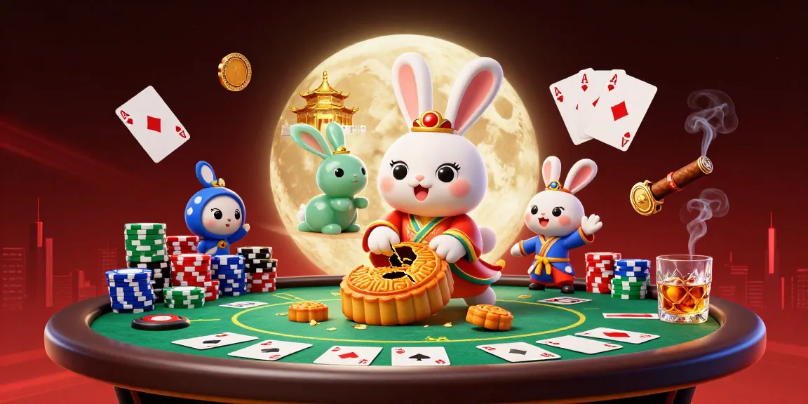 Engage with fly88's thrilling poker scene featuring a lively 3D moon rabbit illustration.