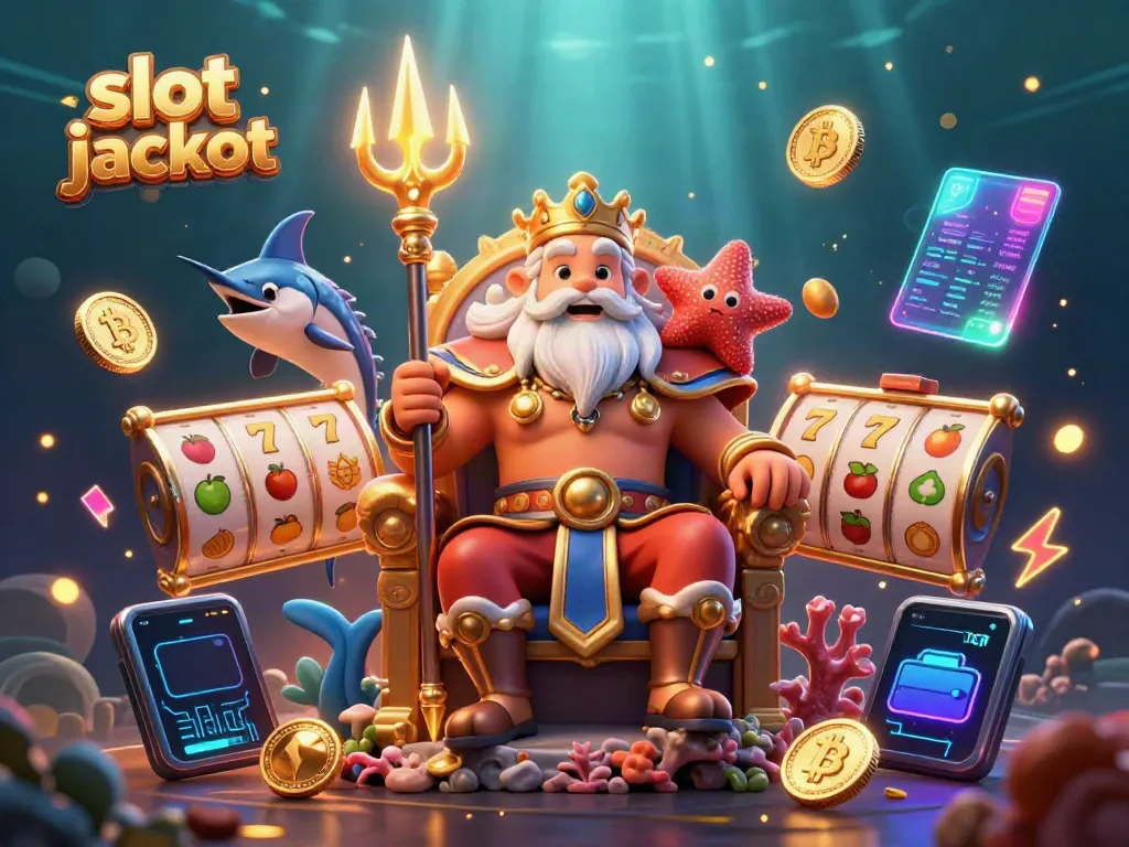 Experience the excitement of a slot jackpot with Neptune and friends amidst vibrant casino elements.