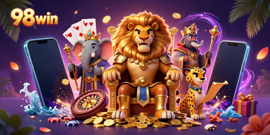 Explore exciting games at 98 win with vibrant 3D casino characters and golden rewards.