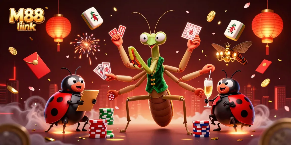 Bet on your luck with M88 link in this vibrant casino scene featuring unique characters and games.