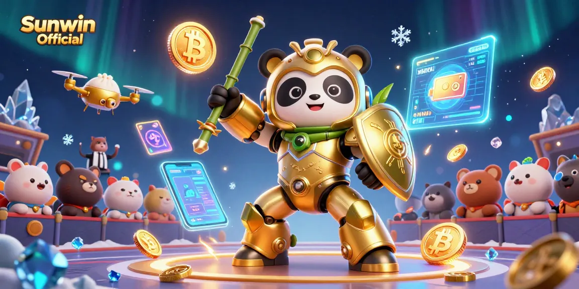Experience the excitement of Sunwin Official through this vibrant 3D illustration of a golden panda piloting a robot in a casino arena.