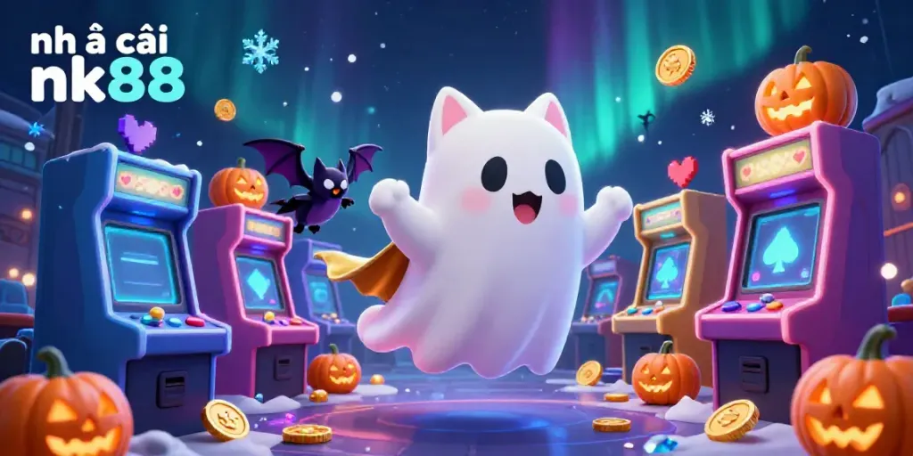 Experience thrilling entertainment at nhà cái nk88 with vibrant gaming elements in a ghostly casino.