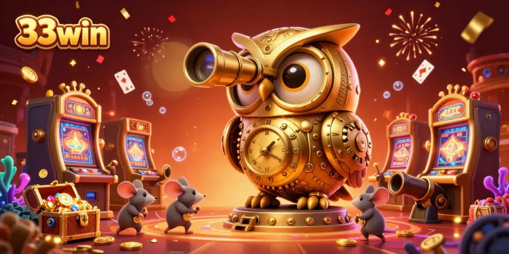 Experience thrilling wins at 33win with an animated casino scene featuring a golden owl and vibrant slot machines.