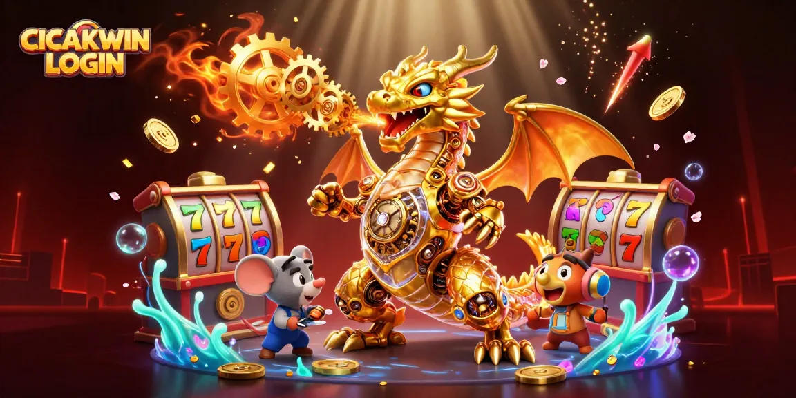 CICAKWIN LOGIN brings excitement to players with a golden dragon, slot reels, and vibrant game elements.