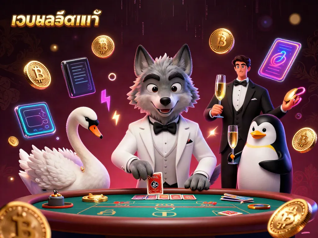 Engage in เว็บสล็อตแท้ with a vibrant 3D scene featuring a debonair wolf, elegant swan, and sophisticated penguin.