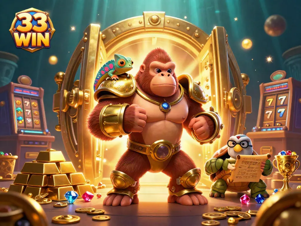 Hình ảnh 33 WIN với gorilla mạnh mẽ, tắc kè và rùa bạn dẫn trong khung cảnh sòng bạc sống động.