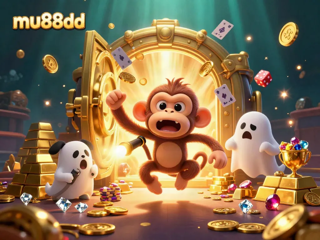 Experience the excitement at mu88dd, a vibrant casino scene with a mischievous monkey and ghost-hunter puppy.