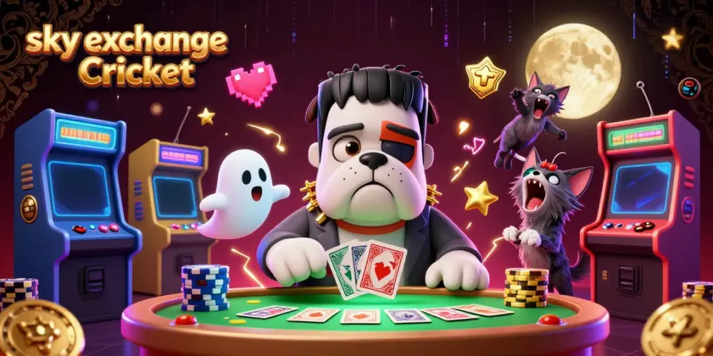 Experience sky exchange Cricket with vibrant illustration of a Frankenstein bulldog and playful characters at a casino table