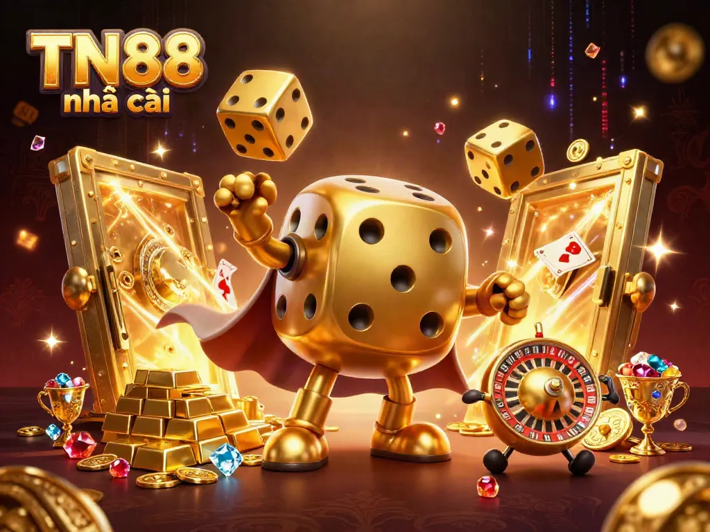 Engaging illustration showcasing dynamic gambling elements at TN88 nhà cái, featuring 3D golden dice characters