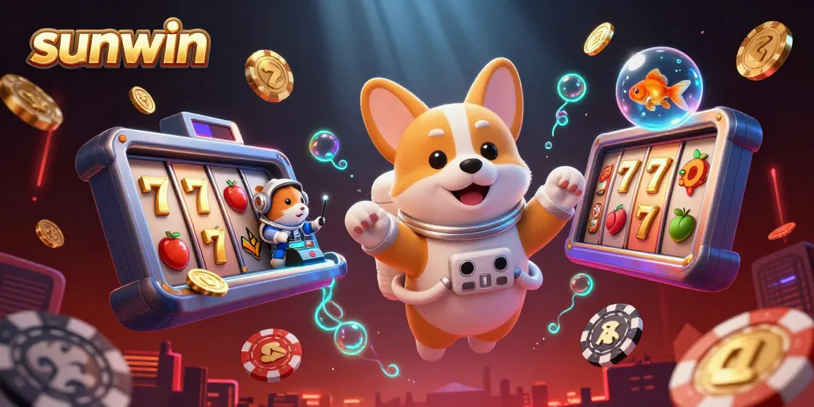 Experience thrilling wins at sunwin with a vibrant and animated casino scene, showcasing floating slot elements and festive decorations.