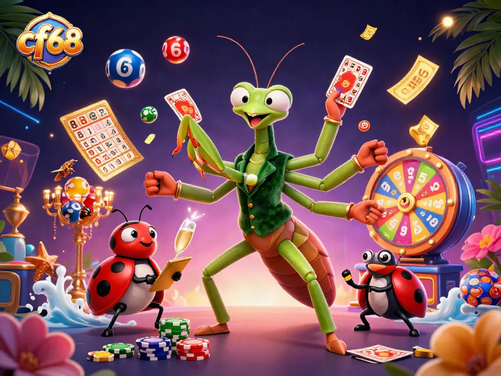 cf68 gaming scene featuring a giant praying mantis card sharp, ladybug pit boss, and lottery elements