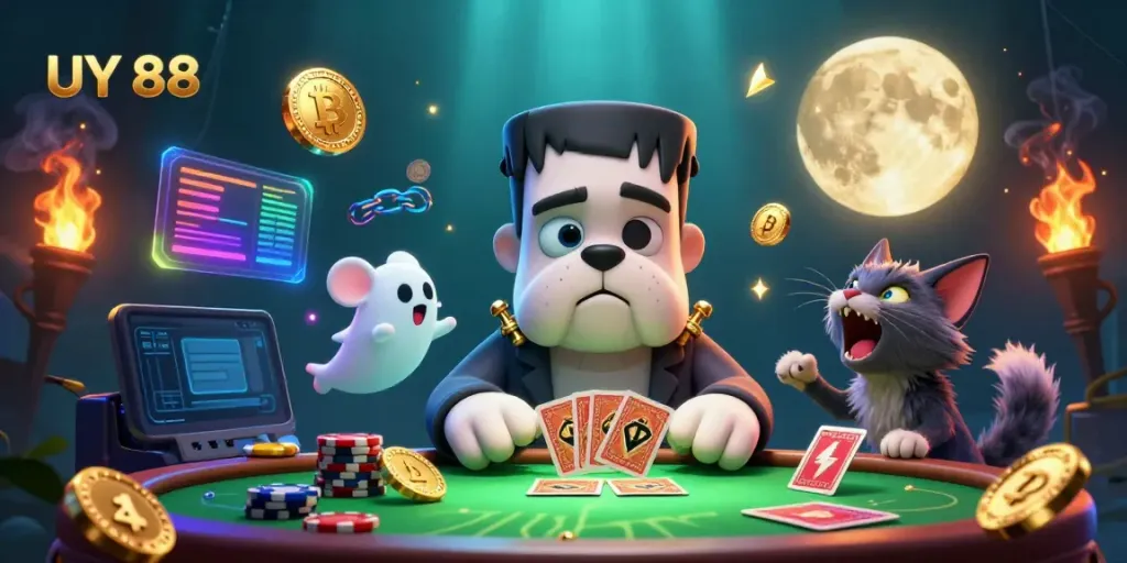 Engage in thrilling action at UY 88 with a cartoon bulldog dealer and ghostly elements in a vibrant casino.