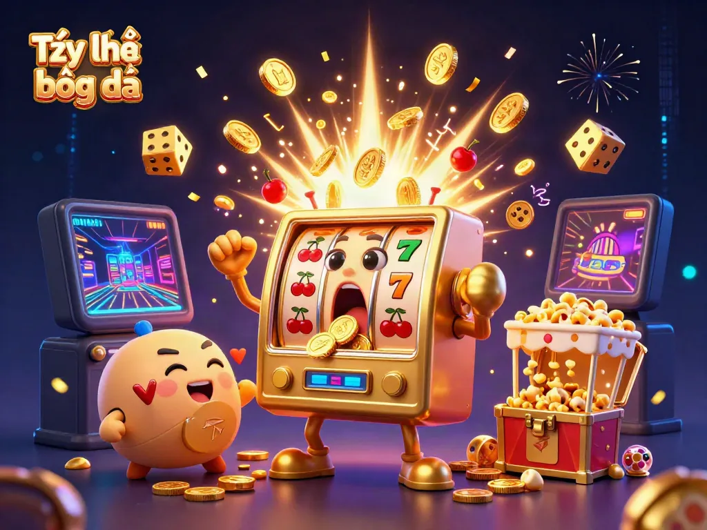 Engage with Tỷ lệ bóng đá as coins splash from a golden slot machine hitting the jackpot in a lively casino atmosphere.
