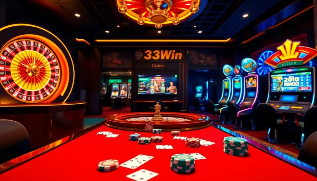 Experience the thrill of casino gaming at nhà cái 33Win with vibrant roulette wheels and stylish poker tables.